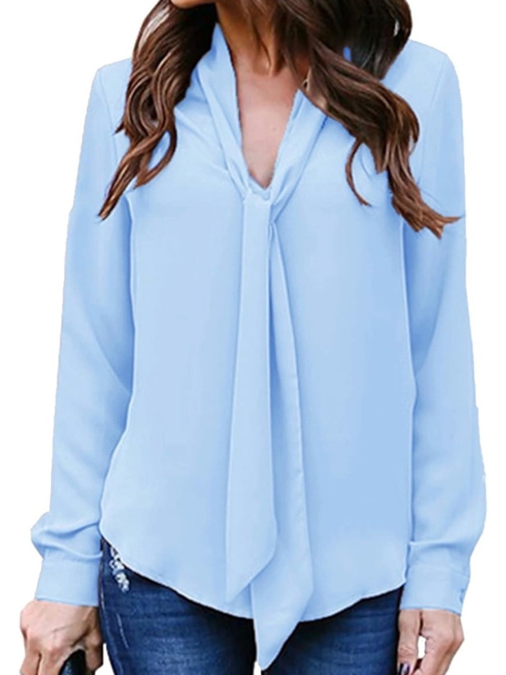 Light Blue Tie-Neck Long Sleeve Blouse - Women's Elegant Top